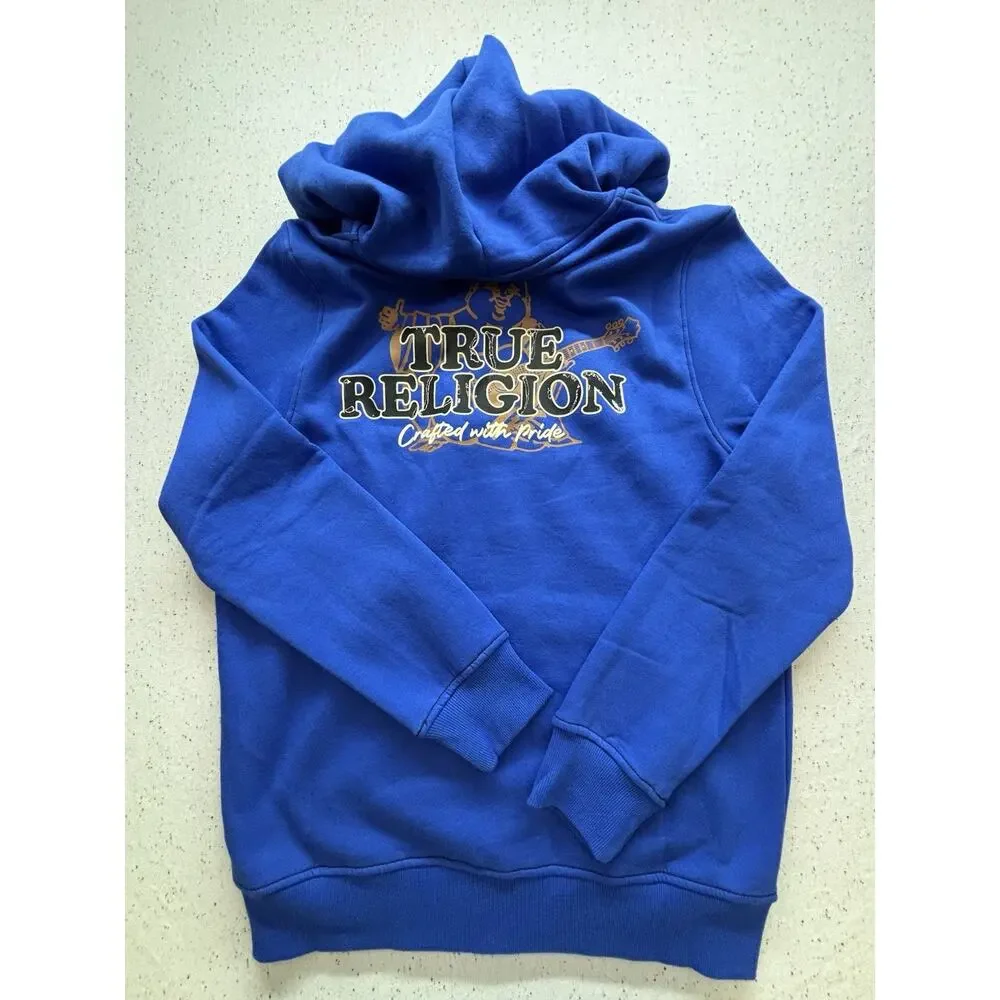 NWT True Religion Contrast Logo Full Zip Hoodie Pacific Royal Blue Men M $124